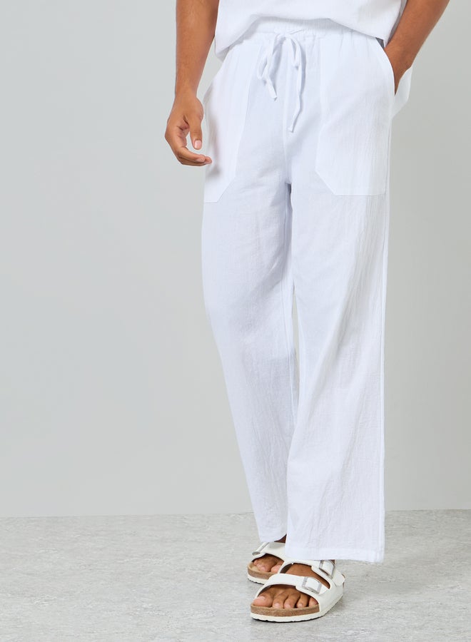 Take Two Men White Linen Relaxed Fit Trousers - Image 1